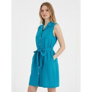 Merona Dress Vintage 90's Turquoise Blue 100% Silk Tie Waist Belt Pockets Small